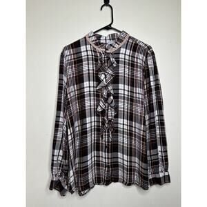 Chicos Size 3 US 16 Brown Pink Plaid Button Front Flannel Ruffle Front Soft
